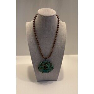 Copper-Colored Ball Chain Necklace with Turquoise-Colored Rose Pendant